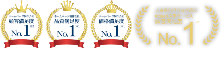 ホームぺージ制作会社顧客満足度No.1／ホームぺージ制作会社品質満足度No.1／ホームぺージ制作会社価格満足度No.1／人事採用担当者が選ぶIndeed採用サービス顧客満足度No.1